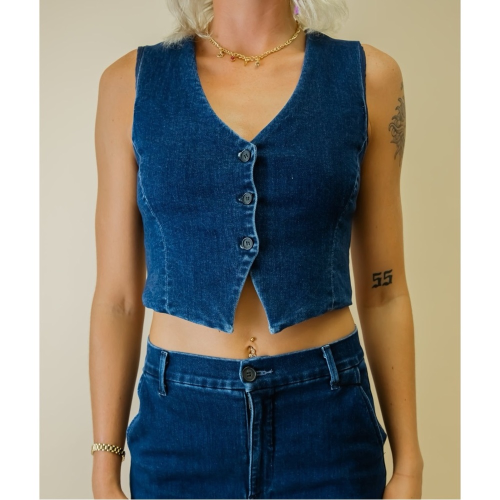 Le Jean Ella Waistcoat - Dark Wash Blue Denim Sleeveless Button Up Top Vest